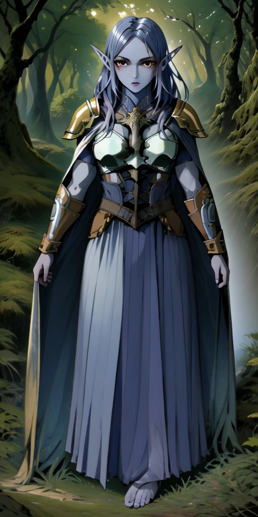 masterpiece, best quality, CG, wallpaper, HDR, high quality, high-definition, extremely detailed, full body toe to head female drow, colored skin, dark elf, blue skin, grey skin, pointy ears, cape, armor, looking at viewer, 1girl, forest, dark forest, mythical forest, dimmed light, brown eyes, long hair, chibi