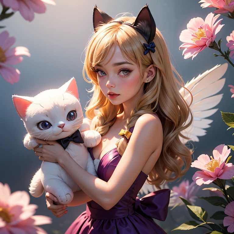 1girl, naked, animal ears, purple eyes, yellow hair, wings, solo, long hair, blush, cat ears, flowers, looking at viewer, braids, bows, dresses, pink flowers, bows, hair accessories, bangs, cats, hair flower, animal ear hair, holding, virtual youtuber, blue bow, holding animal, catwoman, stuffed toy