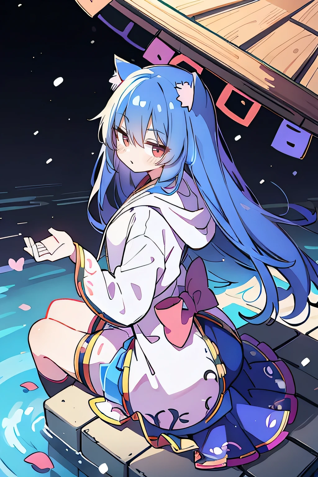 (masterpiece:1.2),Super detailed,lifelike,Expressive eyes,fair skin,perfect face shape,1 girl,
Japanese comics,Gorgeous blue hair,flowing blue hair,flowing clothes,Cat ears,Petals fall,beautiful lola,Baby Angel,
Shaking head with one hand,Cross your legs,Gentle and peaceful background,The pavilion is cool and comfortable,smile, wearing hoodie, background of tokyo,back views,snowing, winter,lie on the water.