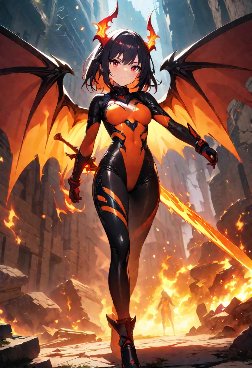 best quality, Best Illustration, Highly detailed CG Unity 8k wallpaper,Beautiful female demon,Dark fantasy setting,Tight combat suit,Red Eyes,Blazing Devil Wings,sharp corners,holding a sword with flames,Cast Shadows,Standing on the ruins,Red and orange palette,otherworldly power,Dynamic Lighting, Depth of Field, The best shadow, stable diffusion model, sparkling