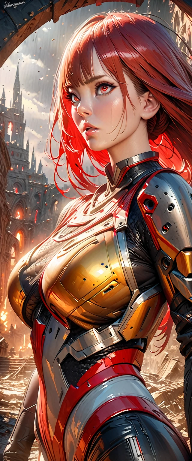 a sister of battle, beautiful detailed eyes, beautiful detailed lips, extremely detailed eyes and face, long eyelashes, lovely woman, tight powered armor combat suit, gold and red color scheme, big dangerous gun, scouting a war torn ruined gothic city, trending on artstation, hyper detailed, 8k, intricate, exquisite, masterpiece, cinematic lighting, moody atmosphere, dramatic, photorealistic, sharp focus, physically-based rendering, ultra-fine painting, vibrant colors