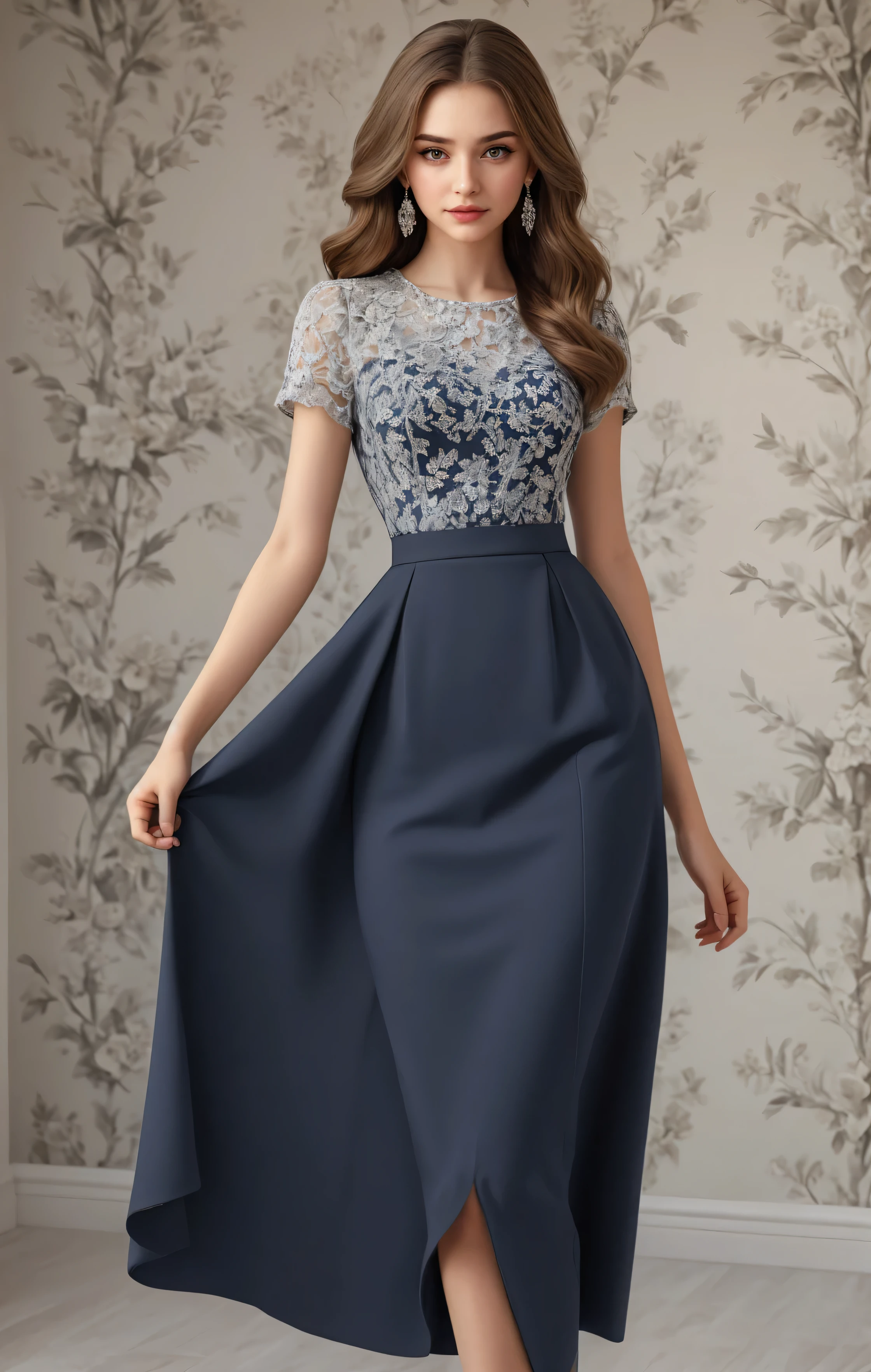 Transparent stylish long skirt,mesh shirt,Chrome clothes,Shiny silver,Fortunately for my appearance,Bigchest,best qualtiy, tmasterpiece, 超高分辨率, realisticlying,