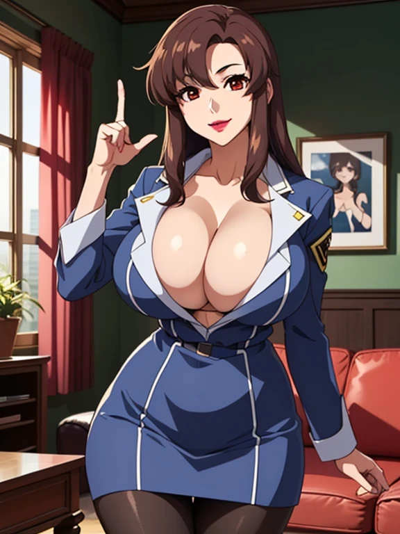 (Living room background), Sexy pose, army uniform, army,Jacket,Blue and white, (Topless), skirt, (Black_Pantyhose:1.3), Mourou Calm, Mature woman, anime cels style, best quality, high resolution, 1 Girl,( (((Large Breasts、Breast sagging、Low-cut,Cleavage ,Wide hips,)))((Long legs)),Hourglass figure))), , Pretty Face, beautiful fingers, 漂亮Long legs, Beautiful Body, Beautiful nose,Beautiful character design, Bangs, brown hair, long hair, Red Eyes, lipstick, cosmetic, (Cowboy shooting), Smile, looking at the audience
