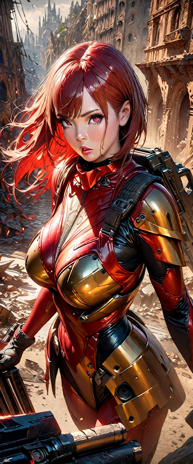 a sister of battle, beautiful detailed eyes, beautiful detailed lips, extremely detailed eyes and face, long eyelashes, lovely woman, tight powered armor combat suit, gold and red color scheme, big dangerous gun, scouting a war torn ruined gothic city, trending on artstation, hyper detailed, 8k, intricate, exquisite, masterpiece, cinematic lighting, moody atmosphere, dramatic, photorealistic, sharp focus, physically-based rendering, ultra-fine painting, vibrant colors