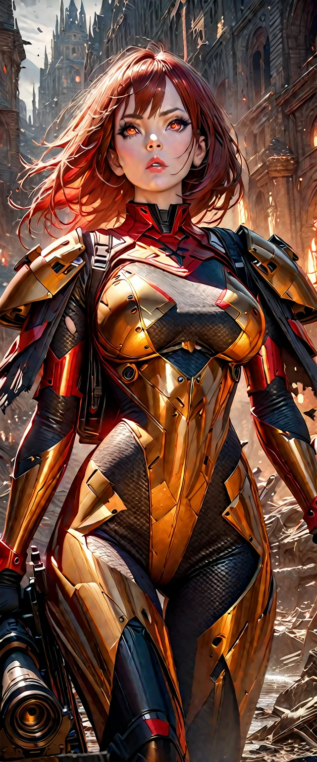 a sister of battle, beautiful detailed eyes, beautiful detailed lips, extremely detailed eyes and face, long eyelashes, lovely woman, tight powered armor combat suit, gold and red color scheme, big dangerous gun, scouting a war torn ruined gothic city, trending on artstation, hyper detailed, 8k, intricate, exquisite, masterpiece, cinematic lighting, moody atmosphere, dramatic, photorealistic, sharp focus, physically-based rendering, ultra-fine painting, vibrant colors