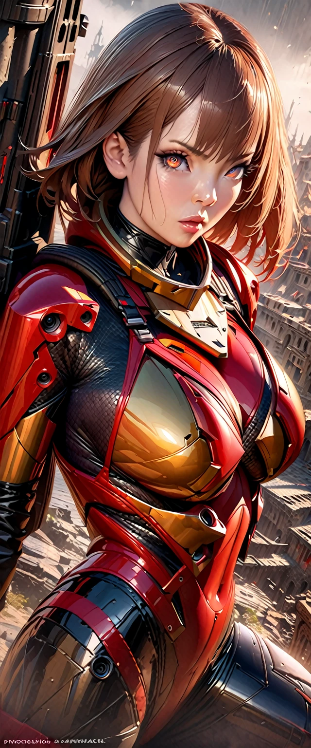 a sister of battle, beautiful detailed eyes, beautiful detailed lips, extremely detailed eyes and face, long eyelashes, lovely woman, tight powered armor combat suit, gold and red color scheme, big dangerous gun, scouting a war torn ruined gothic city, trending on artstation, hyper detailed, 8k, intricate, exquisite, masterpiece, cinematic lighting, moody atmosphere, dramatic, photorealistic, sharp focus, physically-based rendering, ultra-fine painting, vibrant colors