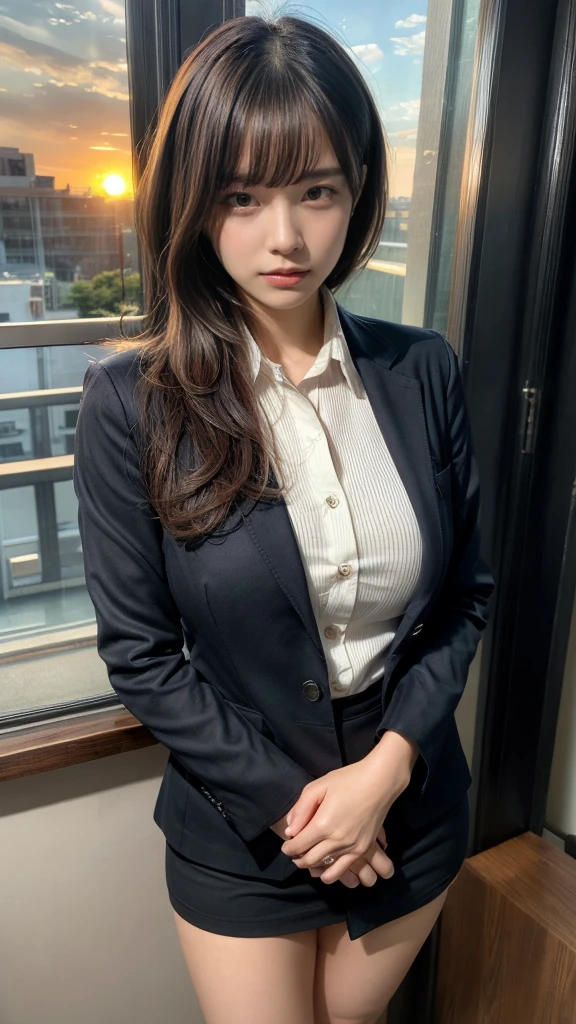 masterpiece, best quality, illustration, Super detailed, fine details, High resolution, 8K,wall paper, perfect dynamic composition,(Details High quality, realistic depiction of eyes:1.3), short hair, (wavy hair:1.2), Office Lady, ,Suit,Collared shirt, Black Suit,Black jacket, huge breasts, expresses the roundness and softness of your chest, Don't expose it, black hair color, Big Natural Color Lip, bold sexy pose, crying a little、cold gaze, Harajuku style、20 year old girl、cute type、ta、beautiful legs, hotel room, full body photo、focus on crotch, hposing Gravure Idol, Sexy shot looking at camera, Sunset, by the window, Summer, make up, Curve