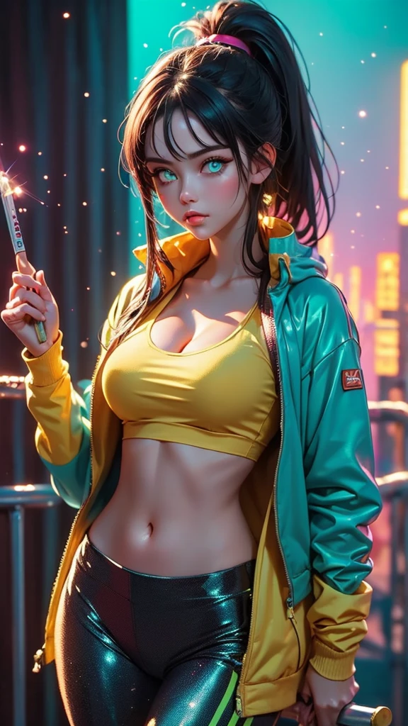 snowy landscape, straight body female, slim, fit, light skinned female, dark hair, ponytail, ski jacket, open jacket, navel, ab lines, closeup, sparkles of ice in hair, bright green eyes, vibrant colors, teal and yellow jacket, ski poles, ski pants, (((rich textures))), ((extremely detailed)), ((more details)), (((masterpiece))), (((best quality))), (magical effects), (glow), (((saturated colors))), (bright colors), (vivid colors), rpgcardstyle