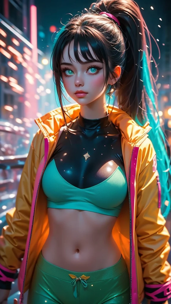 snowy landscape, straight body female, slim, fit, light skinned female, dark hair, ponytail, ski jacket, open jacket, navel, ab lines, closeup, sparkles of ice in hair, bright green eyes, vibrant colors, teal and yellow jacket, ski poles, ski pants, (((rich textures))), ((extremely detailed)), ((more details)), (((masterpiece))), (((best quality))), (magical effects), (glow), (((saturated colors))), (bright colors), (vivid colors), rpgcardstyle