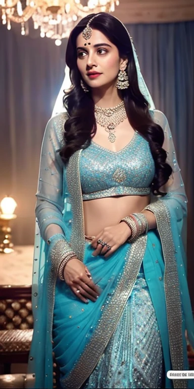 a close up of a woman in a blue dress standing in front of a chandelier, intricate sparkling atmosphere, movie screen shot, beautiful lighting effects, still shot from movie, stunning cinematography, shot from movie, beaded curtains, movie filmstill, still from a terence malik film, cinematic shot!, beautiful cinematography, visually stunning scene, glowing drapes, movie screenshot, lehenga with choli,blue transparent dupatta on head, large breasts, Big , sexy figure, sexy stomach showing, in Firstnight of marriage bedroom ,  beautiful long hairs, crazy long hairs, super long hairs, long hair, crazy long hairs, super long hairs,