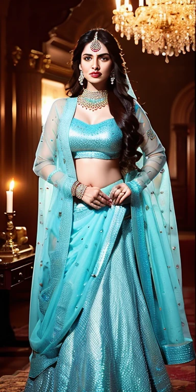 a close up of a woman in a blue dress standing in front of a chandelier, intricate sparkling atmosphere, movie screen shot, beautiful lighting effects, still shot from movie, stunning cinematography, shot from movie, beaded curtains, movie filmstill, still from a terence malik film, cinematic shot!, beautiful cinematography, visually stunning scene, glowing drapes, movie screenshot, lehenga with choli,blue transparent dupatta on head, large breasts, Big , sexy figure, sexy stomach showing, in Firstnight of marriage bedroom ,  beautiful long hairs, crazy long hairs, super long hairs, long hair, crazy long hairs, super long hairs,