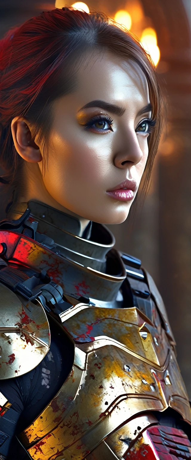 a sister of battle, beautiful detailed eyes, beautiful detailed lips, extremely detailed eyes and face, long eyelashes, lovely woman, tight powered armor combat suit, gold and red color scheme, big dangerous gun, scouting a war torn ruined gothic city, trending on artstation, hyper detailed, 8k, intricate, exquisite, masterpiece, cinematic lighting, moody atmosphere, dramatic, photorealistic, sharp focus, physically-based rendering, ultra-fine painting, vibrant colors