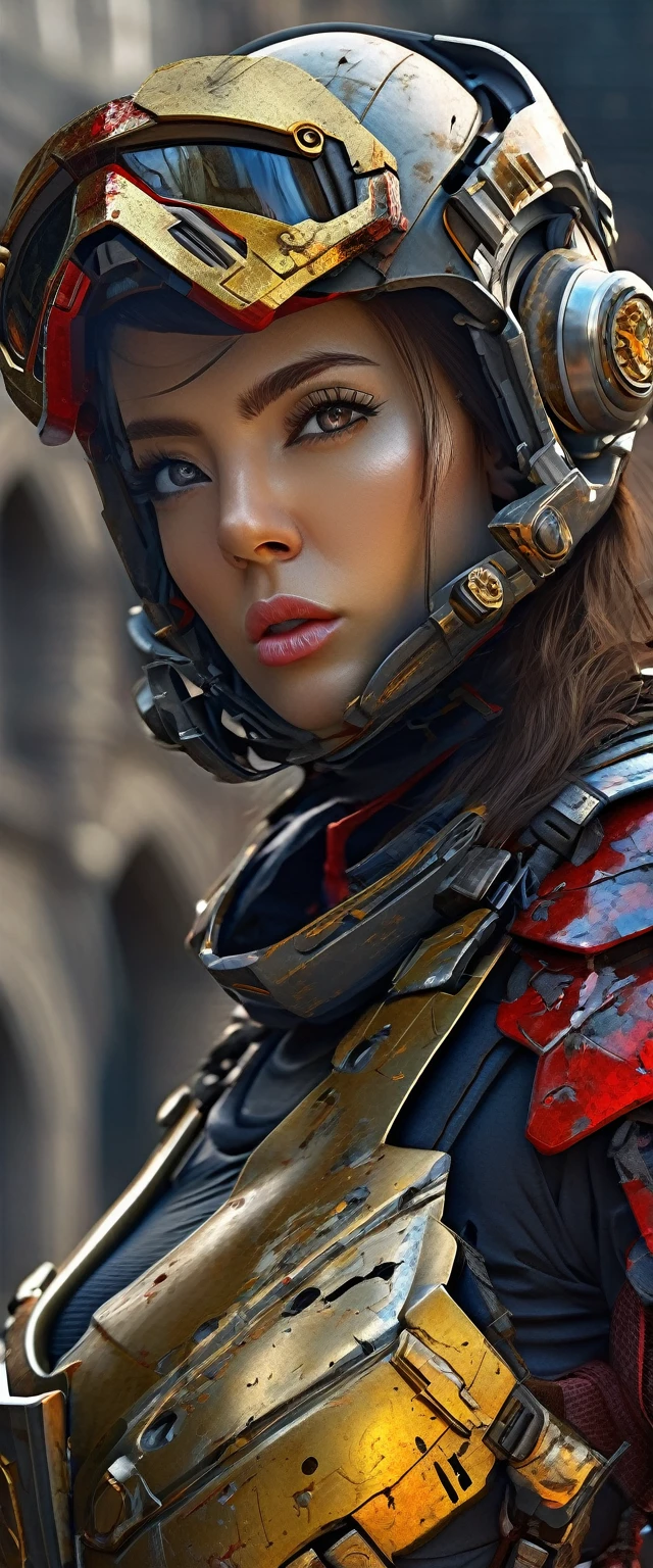 a sister of battle, beautiful detailed eyes, beautiful detailed lips, extremely detailed eyes and face, long eyelashes, lovely woman, tight powered armor combat suit, gold and red color scheme, big dangerous gun, scouting a war torn ruined gothic city, trending on artstation, hyper detailed, 8k, intricate, exquisite, masterpiece, cinematic lighting, moody atmosphere, dramatic, photorealistic, sharp focus, physically-based rendering, ultra-fine painting, vibrant colors