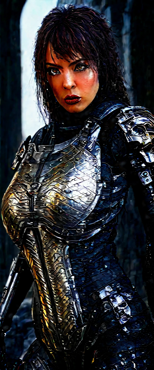 a sister of battle, beautiful detailed eyes, beautiful detailed lips, extremely detailed eyes and face, long eyelashes, lovely woman, tight powered armor combat suit, gold and red color scheme, big dangerous gun, scouting a war torn ruined gothic city, trending on artstation, hyper detailed, 8k, intricate, exquisite, masterpiece, cinematic lighting, moody atmosphere, dramatic, photorealistic, sharp focus, physically-based rendering, ultra-fine painting, vibrant colors