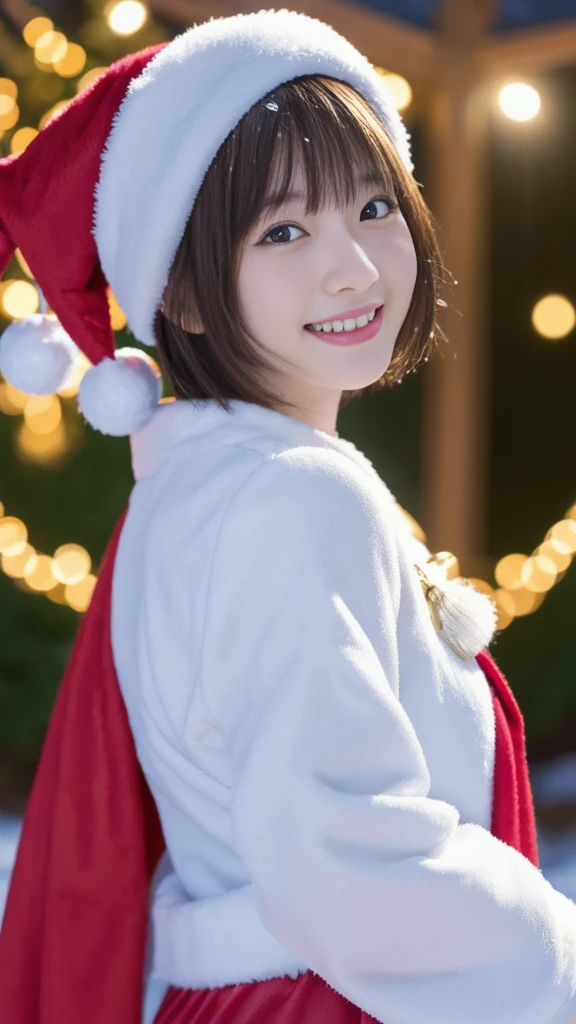 A Cute Yange Japanese girl in Santa Claus costume,(symmetry:1.0),slender figure, (ultra short hair:1.2), (ultra big smile),beautiful detailed eyes and lips, extremely detailed face, natural makeup, best quality, 4k, 8k, highres, masterpiece, ultra-detailed, realistic, photorealistic, photo-realistic, professional, vivid , studio lighting, snowing night town,christmas eve