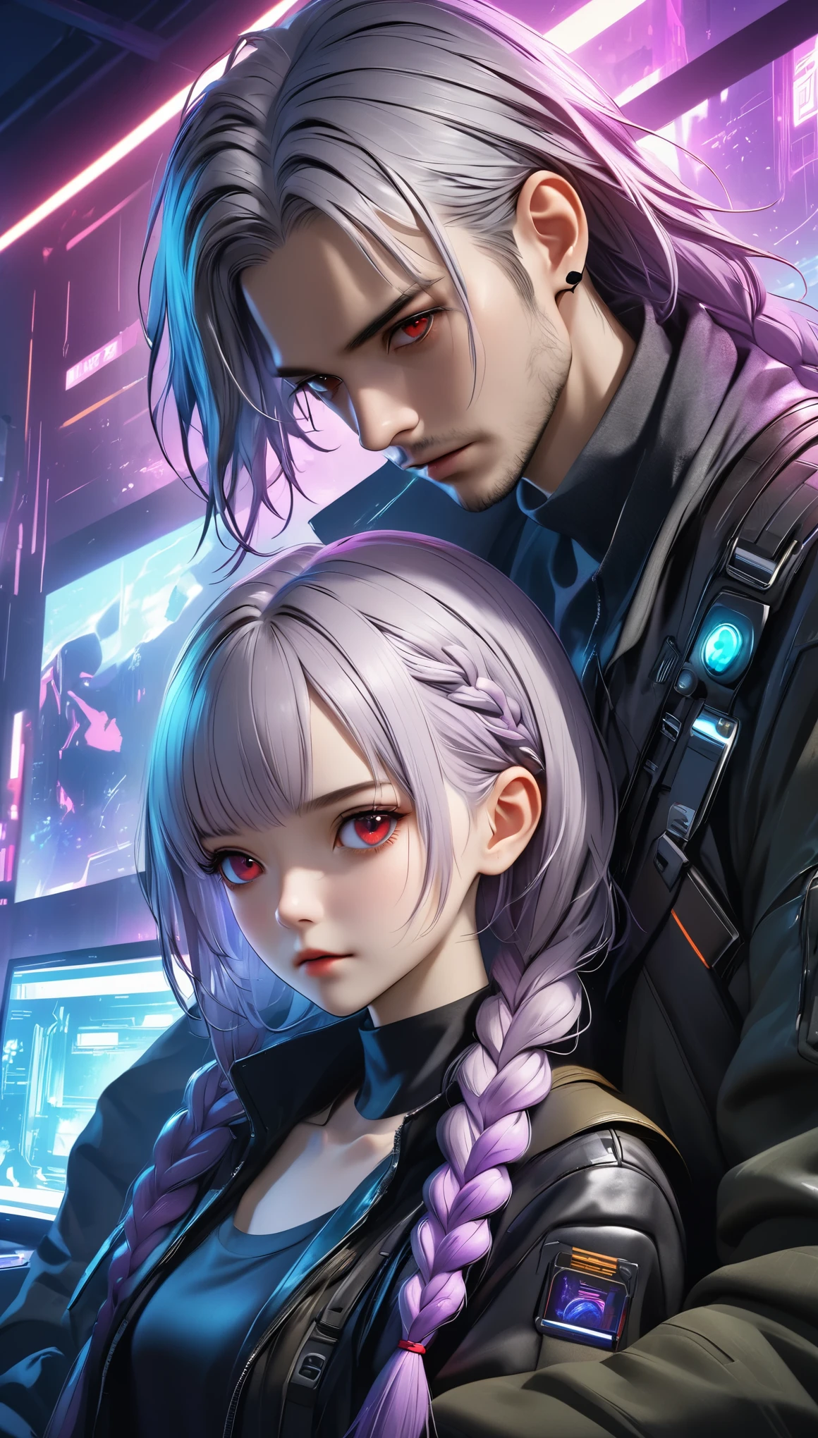 a cyberpunk couple, a stylish man with red eyes, short black hair in a sharp side part, a female game programmer with purple eyes and silver hair in a single braid or twin braids, long hair, detailed facial features, dramatic dramatic lighting, moody and atmospheric, neon colors, futuristic, highly detailed, cinematic, award-winning cg art, intricate details, photorealistic, 8K, best quality