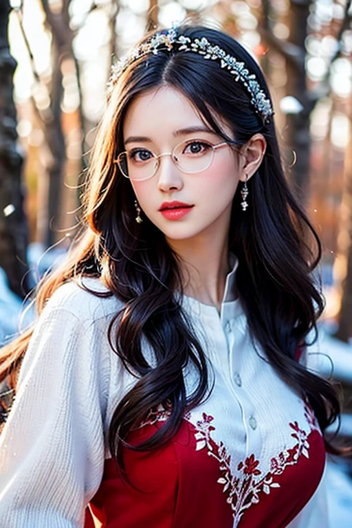 (best quality:1.2), realistic,russian girl,beautiful detailed eyes,beautiful detailed lips,medium:oil painting,portrait,curls in her hair,a red dress with floral patterns,walking in a snow-covered forest,soft natural lighting,vibrant colors,subtle pink and blue color tones,gentle snowflakes falling in the air,serene expression on her face,thoughtful gaze,endless winter landscape in the background,hint of sunlight peeking through the trees,delicate frost on the branches,reading glasses,realistic big breasts,white hair,blue eyes, beautiful long hairs, crazy long hairs, super long hairs, long hair, crazy long hairs, super long hairs,