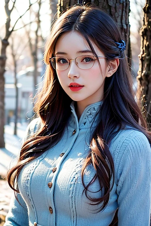 (best quality:1.2), realistic,russian girl,beautiful detailed eyes,beautiful detailed lips,medium:oil painting,portrait,curls in her hair,a red dress with floral patterns,walking in a snow-covered forest,soft natural lighting,vibrant colors,subtle pink and blue color tones,gentle snowflakes falling in the air,serene expression on her face,thoughtful gaze,endless winter landscape in the background,hint of sunlight peeking through the trees,delicate frost on the branches,reading glasses,realistic big breasts,white hair,blue eyes, beautiful long hairs, crazy long hairs, super long hairs, long hair, crazy long hairs, super long hairs,