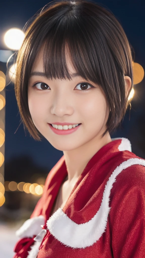 A Cute Yange Japanese girl in Santa Claus costume,(symmetry:1.0),slender figure, (ultra short hair:1.2), (ultra big smile),beautiful detailed eyes and lips, extremely detailed face, natural makeup, best quality, 4k, 8k, highres, masterpiece, ultra-detailed, realistic, photorealistic, photo-realistic, professional, vivid , studio lighting, snowing night town,christmas eve