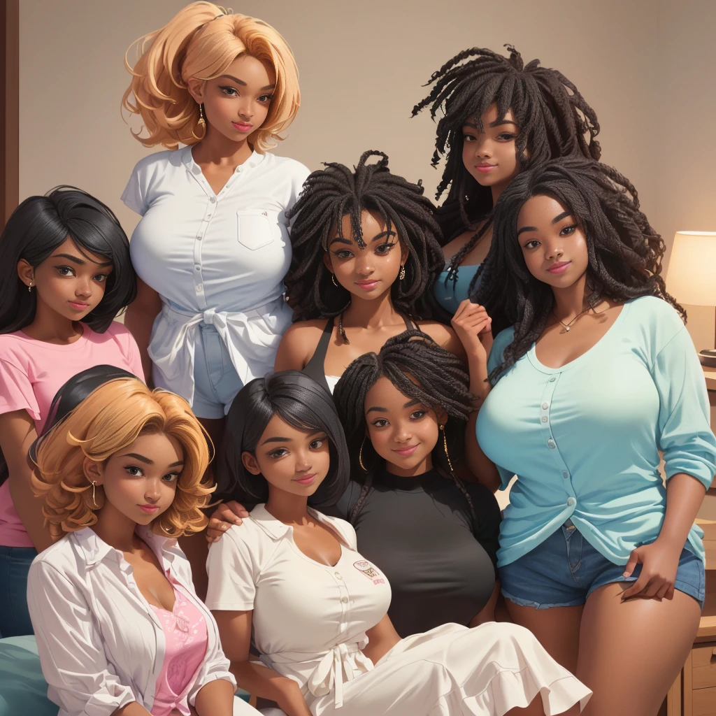 (A single black man laying on his back, in-bed wearing shorts, in-center of composition) A diverse group of five young adult Americans, representing different ethnicities and characteristics, wearing yoga-pants and tank-tops, displays their unique beauty with perfect bodies, ?????????????, wide thicc-????, Among them, there are blonde young adult girls with auburn hair, emanating an air of natural elegance. Brown young adult girls with silky locks and a captivating sheen show off their exotic beauty. Also present are black young adult girls with stunning curly hair, highlighting their authenticity and cultural pride, (the women surround a singular BLACK MAN with short-hair, from all sides) (in a bed) the women kiss the singular Black Man, touch the singular Black man, masterpiece, high details, high quality, best quality.