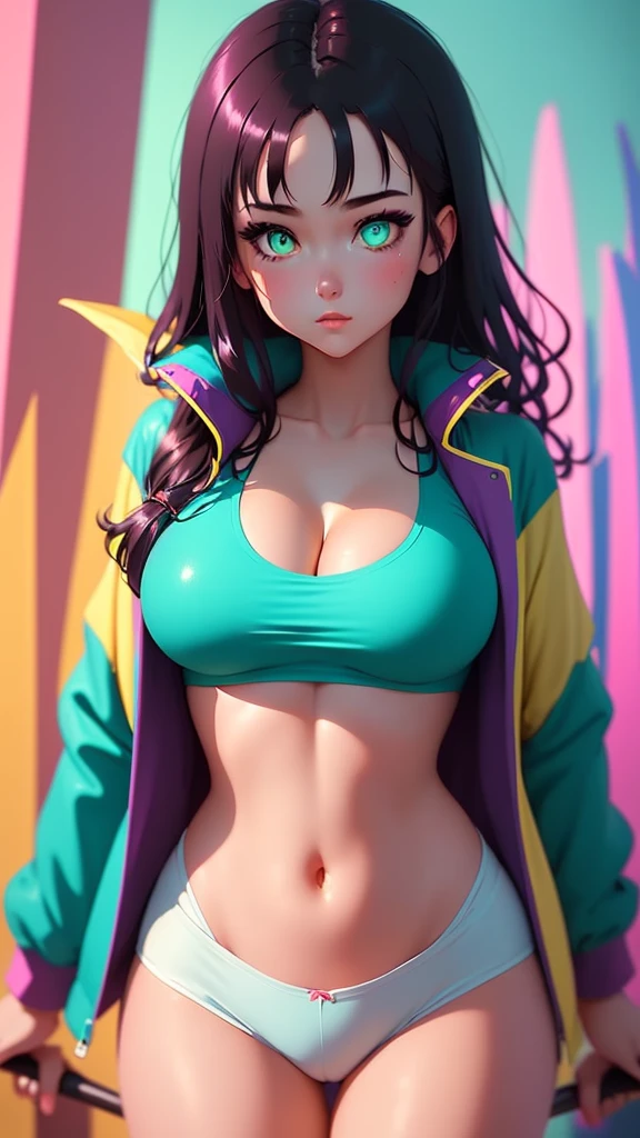 snowy landscape, straight body female, slim, fit, light skinned female, dark hair, ponytail, ski jacket, open jacket, navel, ab lines, closeup, sparkles of ice in hair, bright green eyes, vibrant colors, teal and yellow jacket, ski poles, ski pants, (((rich textures))), ((extremely detailed)), ((more details)), (((masterpiece))), (((best quality))), (magical effects), (glow), (((saturated colors))), (bright colors), (vivid colors), rpgcardstyle