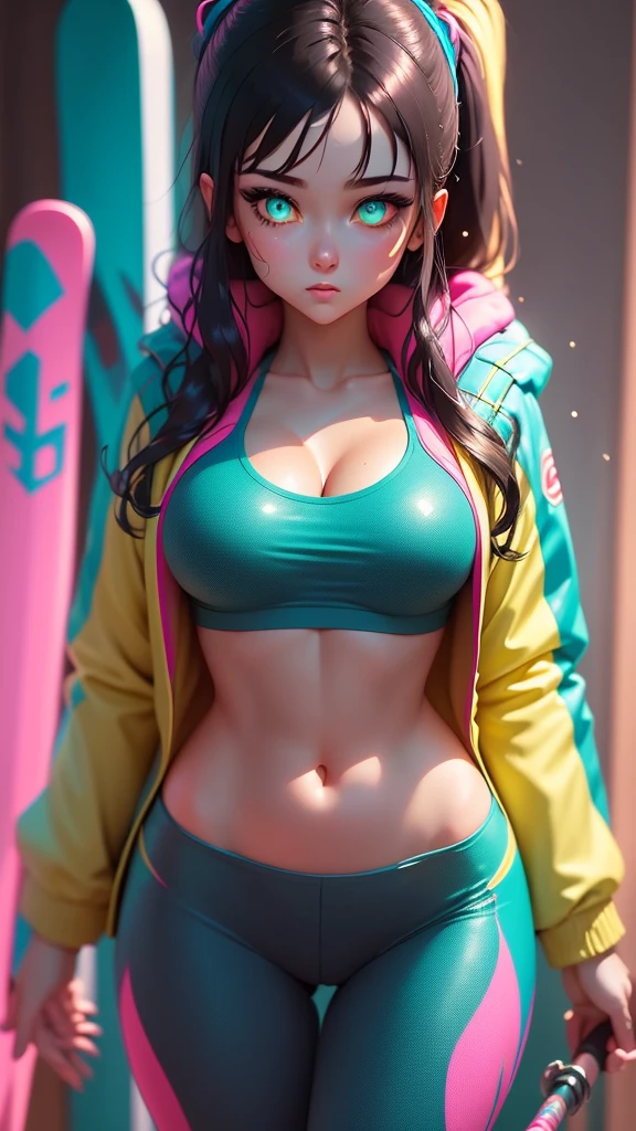 snowy landscape, straight body female, slim, fit, light skinned female, dark hair, ponytail, ski jacket, open jacket, navel, ab lines, closeup, sparkles of ice in hair, bright green eyes, vibrant colors, teal and yellow jacket, ski poles, ski pants, (((rich textures))), ((extremely detailed)), ((more details)), (((masterpiece))), (((best quality))), (magical effects), (glow), (((saturated colors))), (bright colors), (vivid colors), rpgcardstyle