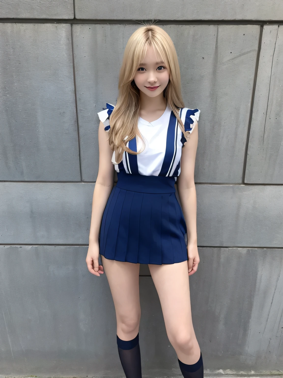In detail,Full body photo、Blonde、 One high school girl、High resolution, high quality、Slim body、Perfect dynamic composition, Beautiful fine details, Blonde short hair、Natural color lip,Kamimei、-yeld giClear Skin、Sleeveless navy blue sailor suit、Green mini skirt、Thighs、Shiny Hair、最high quality, figure, Very detailed, In detail, High resolution, 8k、The correct state of the human body、Sculpture model pose,Blue Wall,View your viewers、Thighs are visible、smile、
