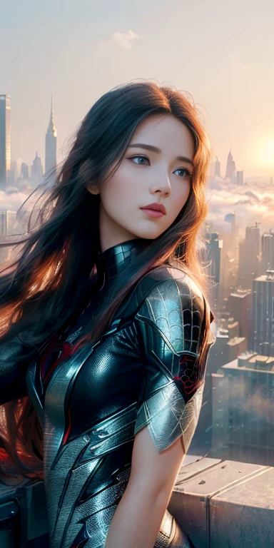 (1girl:1.3), Solo, (((Very detailed face)))), ((Very detailed eyes and face)))), Beautiful detail eyes, Body parts__, Official art, Unified 8k wallpaper, Super detailed, beautiful and beautiful, beautiful, masterpiece, best quality, original, masterpiece, super fine photo, best quality, super high resolution, realistic realism, sunlight, full body portrait, amazing beauty, dynamic pose, delicate face, vibrant eyes, (from the front), She wears Spider-Man suit, red and black color scheme, spider, very detailed city roof background, rooftop, overlooking the city, detailed face, detailed complex busy background, messy, gorgeous, milky white, highly detailed skin, realistic skin details, visible pores, clear focus, volumetric fog, 8k uhd, DSLR, high quality, film grain, fair skin, photo realism, lomography, futuristic dystopian megalopolis, translucent,  beautiful long hairs, crazy long hairs, super long hairs, long hair, crazy long hairs, super long hairs,