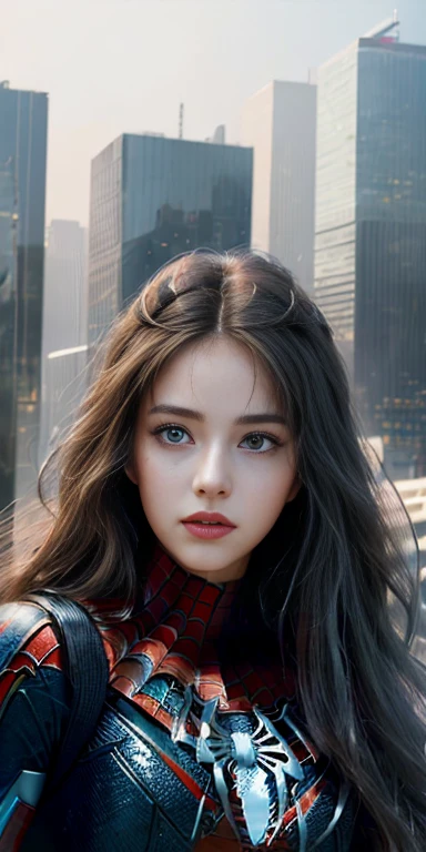 (1girl:1.3), Solo, (((Very detailed face)))), ((Very detailed eyes and face)))), Beautiful detail eyes, Body parts__, Official art, Unified 8k wallpaper, Super detailed, beautiful and beautiful, beautiful, masterpiece, best quality, original, masterpiece, super fine photo, best quality, super high resolution, realistic realism, sunlight, full body portrait, amazing beauty, dynamic pose, delicate face, vibrant eyes, (from the front), She wears Spider-Man suit, red and black color scheme, spider, very detailed city roof background, rooftop, overlooking the city, detailed face, detailed complex busy background, messy, gorgeous, milky white, highly detailed skin, realistic skin details, visible pores, clear focus, volumetric fog, 8k uhd, DSLR, high quality, film grain, fair skin, photo realism, lomography, futuristic dystopian megalopolis, translucent,  beautiful long hairs, crazy long hairs, super long hairs, long hair, crazy long hairs, super long hairs,