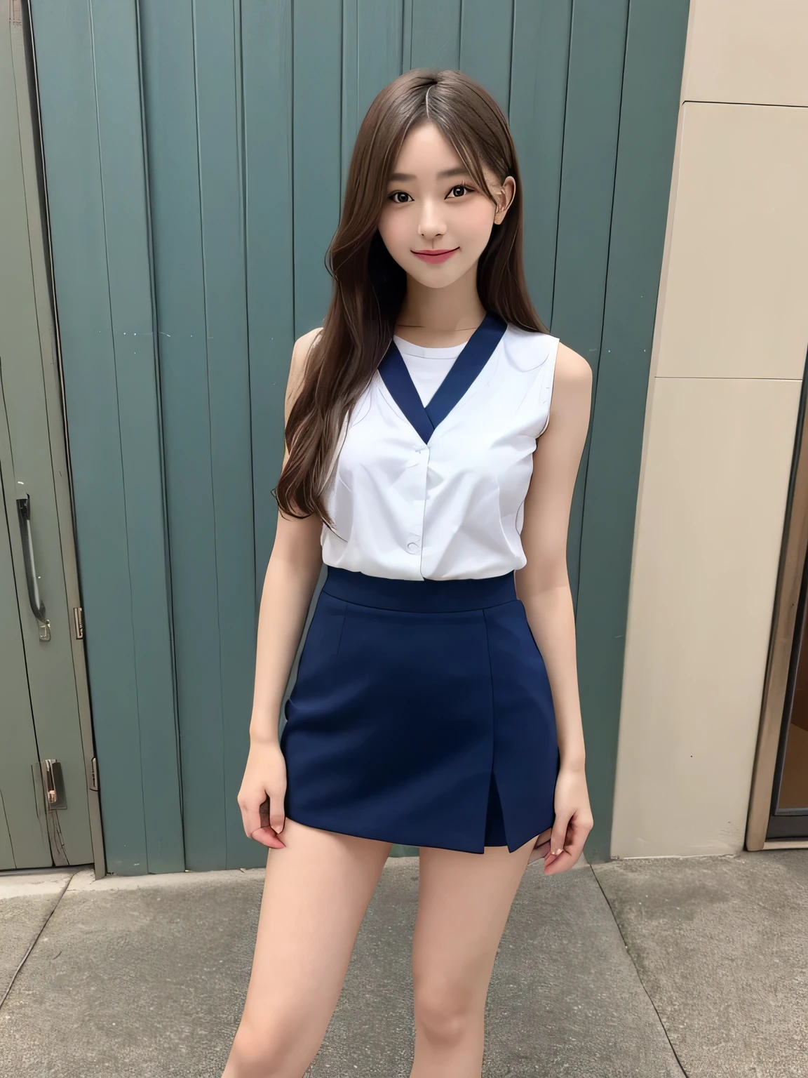 In detail,Full body photo、Blonde、 One high school girl、High resolution, high quality、Slim body、Perfect dynamic composition, Beautiful fine details, Blonde short hair、Natural color lip,Kamimei、14-year-old girl、Clear Skin、Sleeveless navy blue sailor suit、Green mini skirt、Thighs、Shiny Hair、最high quality, figure, Very detailed, In detail, High resolution, 8k、The correct state of the human body、Sculpture model pose,Blue Wall,View your viewers、Thighs are visible、smile、