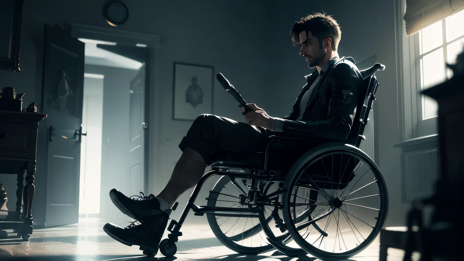detailed handicapped men sitting on wheel chair in dark room, chiaroscuro lighting, realistic, cinematic, dramatic, moody, digital art, octane render, hyper detailed, 8k, photorealistic, high resolution, award winning, intricate details, volumetric lighting, cinematic lighting, dramatic shadows, textured clothing, fabric folds, ambient occlusion, depth of field, dramatic pose, emotive, powerful, impactful, atmospheric