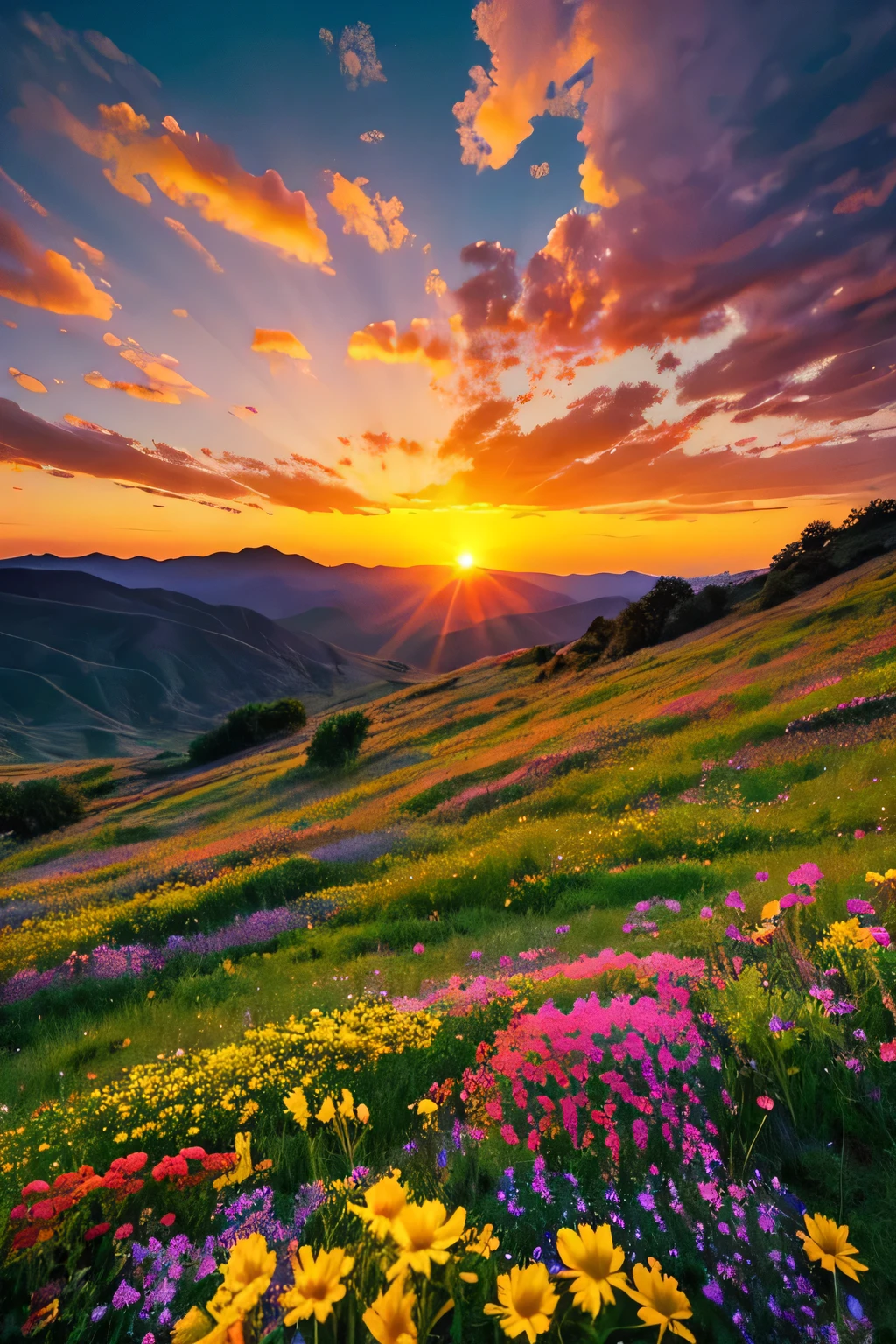 You can watch a beautiful sunset, The hills are covered with flowers and plants., Flowers are nearby, Colorful Sky, Surreal colors, Colorful sunset, Colorful Sky, Beautiful sky reflection, Beautiful sky, Fantastic atmosphere 8K, Multicolored clouds, Colors reflected in the lake, Surreal Sky, Red and blue reflections, Fire Reflection, Beautiful sky, beautiful and spectacular sunset, Beautiful dream landscape, Beautiful sky