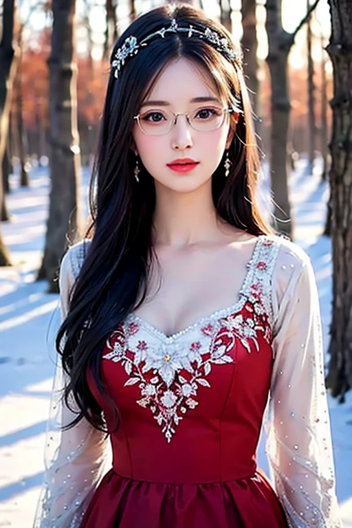 (best quality:1.2), realistic,russian girl,beautiful detailed eyes,beautiful detailed lips,medium:oil painting,portrait,curls in her hair,a red dress with floral patterns,walking in a snow-covered forest,soft natural lighting,vibrant colors,subtle pink and blue color tones,gentle snowflakes falling in the air,serene expression on her face,thoughtful gaze,endless winter landscape in the background,hint of sunlight peeking through the trees,delicate frost on the branches,reading glasses,realistic big breasts,white hair,blue eyes,  beautiful long hairs, crazy long hairs, super long hairs, long hair, crazy long hairs, super long hairs,