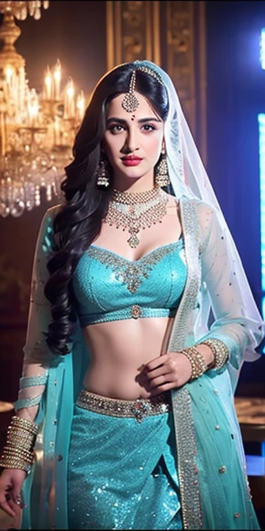 a close up of a woman in a blue dress standing in front of a chandelier, intricate sparkling atmosphere, movie screen shot, beautiful lighting effects, still shot from movie, stunning cinematography, shot from movie, beaded curtains, movie filmstill, still from a terence malik film, cinematic shot!, beautiful cinematography, visually stunning scene, glowing drapes, movie screenshot, lehenga with choli,blue transparent dupatta on head, large breasts, Big , sexy figure, sexy stomach showing, in Firstnight of marriage bedroom ,  beautiful long hairs, crazy long hairs, super long hairs, long hair, crazy long hairs, super long hairs,