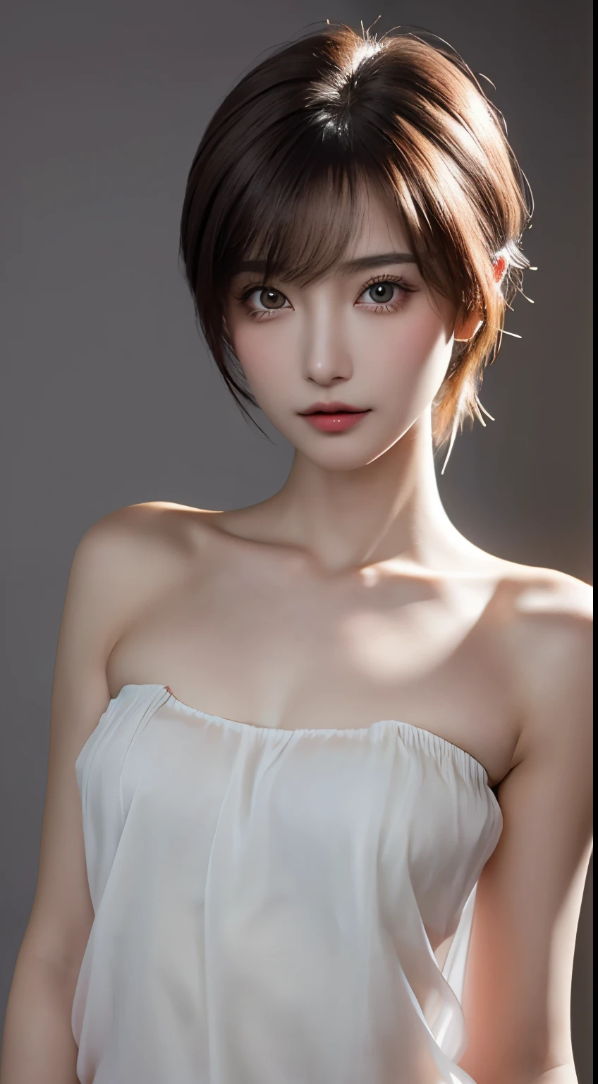 masterpiece, beautiful girl, Brown eyes、((Lighting the face:1.5)、((No underwear:1.9))、Exposed armpits:1.4、detailed, Beautiful Eyes, (Wear a revealing, thin, transparent, strapless camisole:1.6)、highest quality, 超A high resolution, (reality: 1.4), Original photo, One Girl, Cinema Lighting, (Laughter:0.6), Japanese, Asian Beauty, Korean, Proper, Truly beautiful, A slightly younger face, Beautiful skins,Orange Hair、 slim and small breasts, Wear a strapless camisole that flatters your figure:1.6、Night view background, (超reality的な), (Raise awareness), (High resolution), (8k), (非常にdetailedな), (The best Raise awarenessns), (Beautiful and detailed eyes), (超detailedな), (wallpaper), (detailedな顔), Looking at the audience, 細かいdetailed, detailedな顔、Deep Shadow、Inconspicuous、Pure erotic face ace_v1、46 point diagonal bangs、Look straight ahead、I can see her small breasts, Flat Chest、Brown eyes、