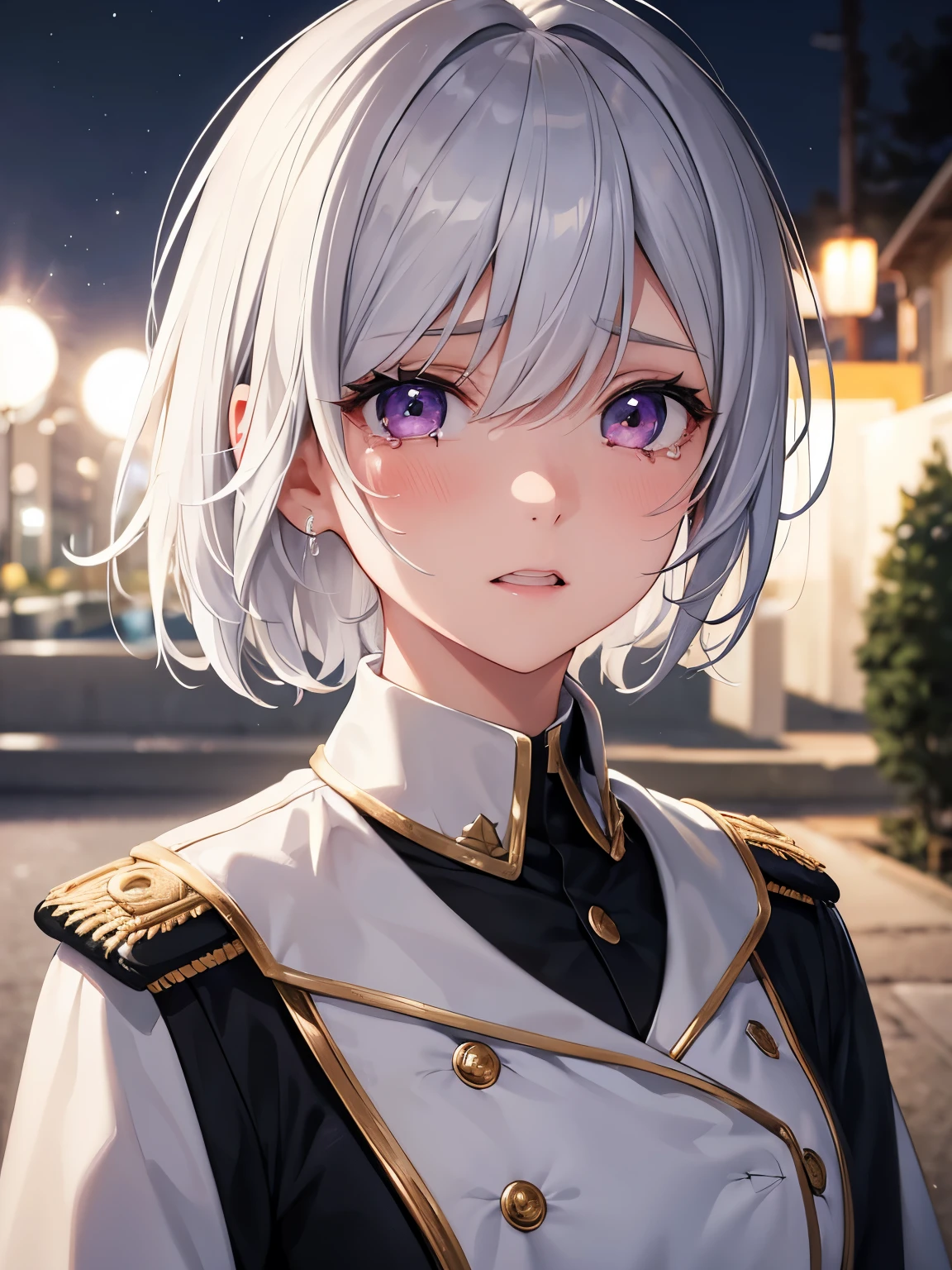 1girl,silver hair,silver eyes,white army uniform, Crying, teeth showing, hysterical, tears coming out, short hair, standing in the park, at night, close up photo, Ultra detail, ultra HD, masterpiece