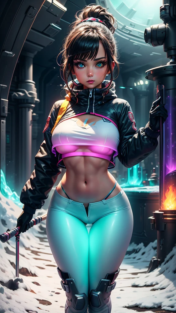 snowy landscape, straight body female, slim, fit, light skinned female, dark hair, ponytail, ski jacket, open jacket, navel, ab lines, closeup, sparkles of ice in hair, bright green eyes, vibrant colors, teal and yellow jacket, ski poles, ski pants, (((rich textures))), ((extremely detailed)), ((more details)), (((masterpiece))), (((best quality))), (magical effects), (glow), (((saturated colors))), (bright colors), (vivid colors), rpgcardstyle