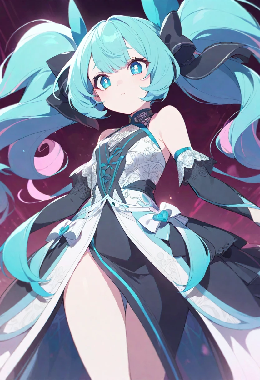 An anime-style character with long twin tails and vibrant turquoise hair, with a slightly more mature appearance. She is wearing a stylish, dark-colored dress with intricate details, lace, and ribbons. The dress reaches to her thighs and features a slit that subtly hints at her legs. Her face has large, expressive eyes with sparkly highlights and pink heart-shaped highlights in her eyes, making them shimmer. The background is simple and pastel-colored to make her stand out. The character has four arms.