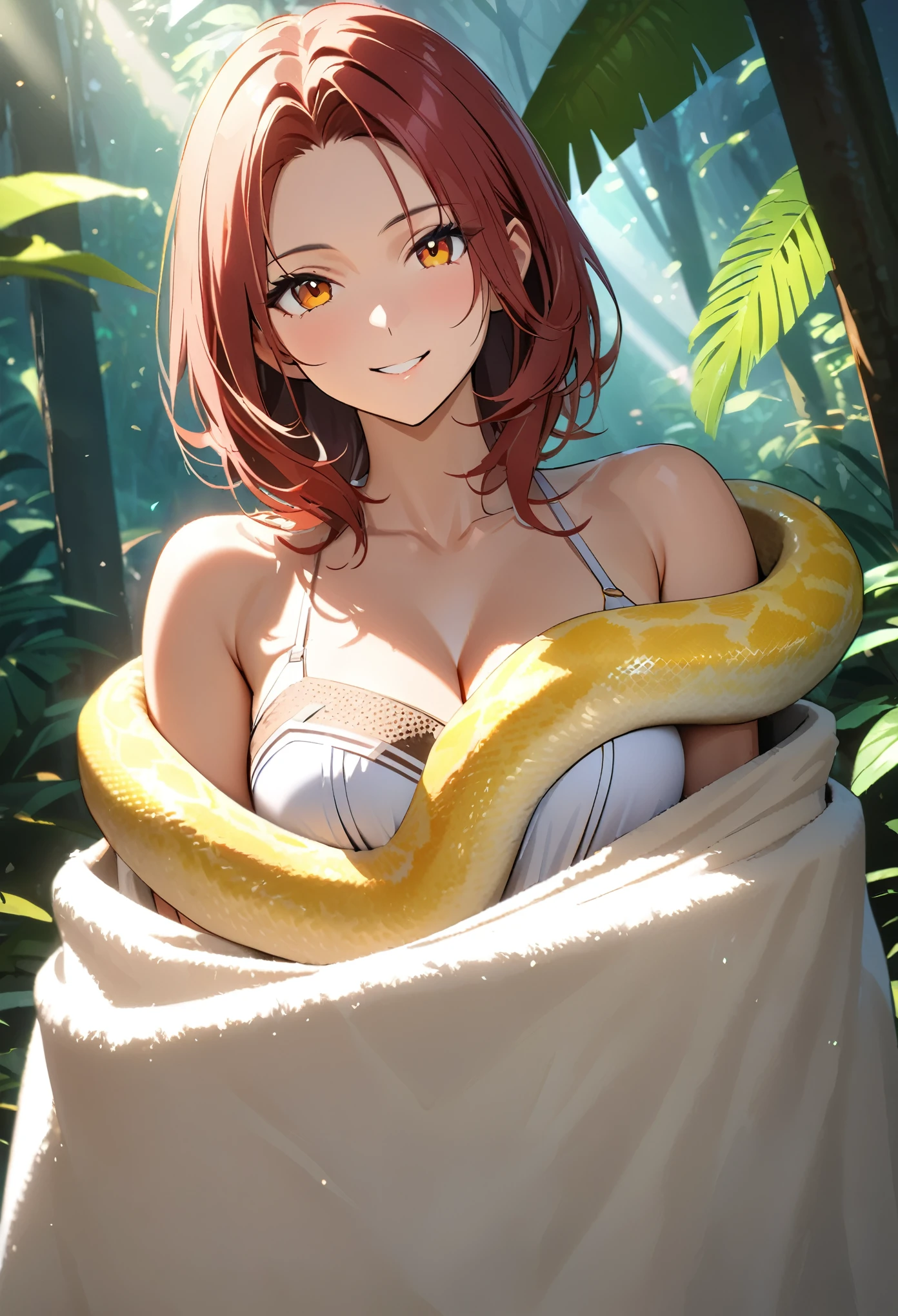 8k，Perfect anatomy，Wide-angle lens，1 Woman，Smile，Mature，Gentle atmosphere，bare neck and shoulders，(Wrapped in just a wool blanket:0.9)，(Cleavage:0.7)，(Hold a python close to your body，Golden python:0.9)，upper body，(UI that displays enemies in RPG battles:1.0)，masterpiece，Highest quality，Top-notch photo quality，warm feeling，Inside the rainforest，Background blur，Ray Tracing