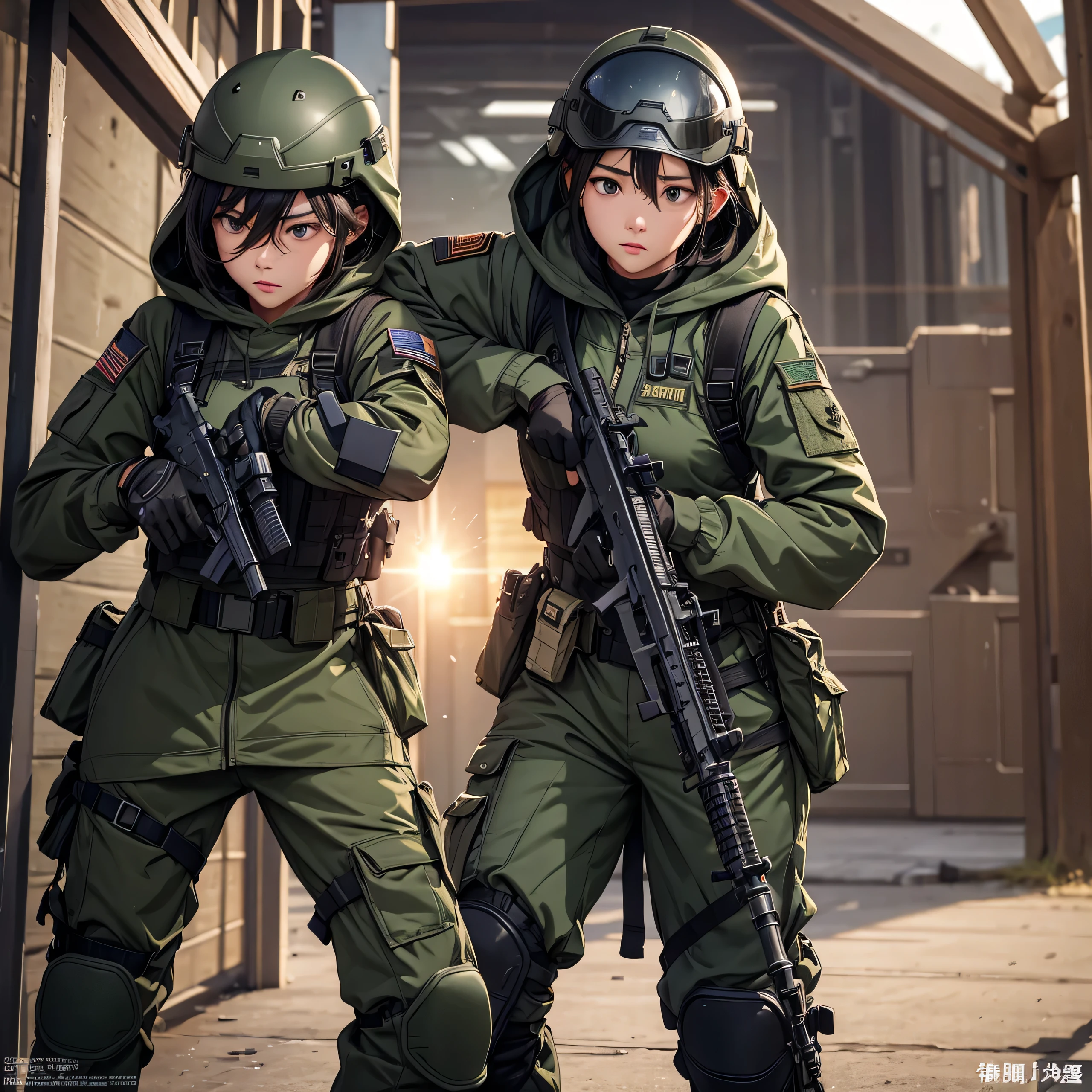 2 female soldiers,Wearing a special forces helmet,Dress up(Wear dark green combat uniform、wearing hoodie、Frontal close up、Stand in a row、Combat Shooting、military trousers、Magazine Pouch、Tactical harness、Elbow pads,Knee pads,Tactical Holster)、Military base gate,Write details、masterpiece、best quality、Highly detailed CG、8K picture quality、theater lighting、lens flare