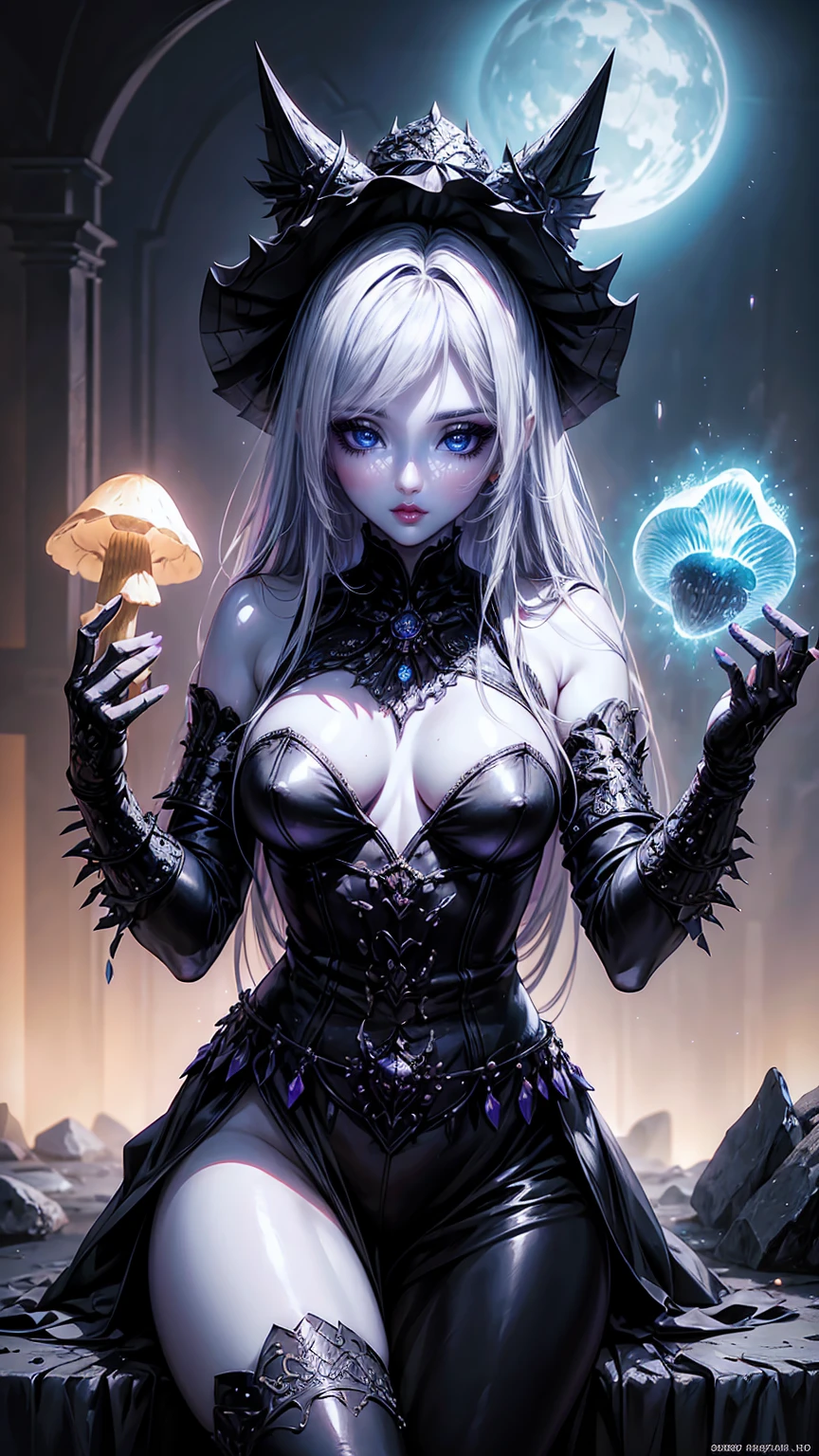 Beautiful Alluring female drow knight, Mythology Theme, Fantasy Theme, purple Skin, fair long white hair, a cup size extremely small breasts, Inside A magical dark bioluminescent mushroom forest, Barely Clothed, gothic bikini armor, Beautiful D&D Character Portrait, Beautiful Fantasy, Detailed, Digital Art, Extreme Detail, Polished, Beautiful, Hyperdetailed, Intricate, Elaborate, Meticulous, Anime Character, Detailed, Anime Face, Sharp Focus, Unreal Engine, 3d Rendered, Volumetric Lighting, Reflections, Glossy, Digital Illustration, Sensual Pose, Suggestive Pose, Full Body Shot, small perky breasts, anatomically correct 💖❤💕💋❣, ((nsfw))