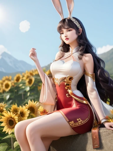 high quality digital art, Happy, red lips, long Black Hair, Long wavy hair, Bangs, straight Bangs, Brown eyes, White skin, Red nails, Perfect face, Flawless, Clean, masterpiece, (((sharp))) ((focus)) (Instagram) (8K) masterpiece, Very beautiful dress, Detailed tracking, pink accents, number, external, sunflower field, Rich lighting details, light, high quality, a number masterpiece, best quality, Very high resolution, Mountains, Windy day, sunflower petals, straw hat, Cloudy sky, sun, Wind, sunflowers, Detailed background, Large area, Rustic feel, Intricate details, glow, shiny hair, Black Hair, Loose hair, skin shiny, Dynamic atmosphere, Windblown hair, A girl,whole body, Black Hair,Rabbit ears，Short skirt，Nothing on the skirt，Sitting