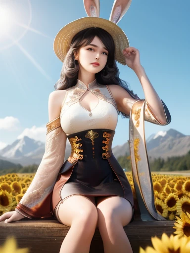 high quality digital art, Happy, red lips, long Black Hair, Long wavy hair, Bangs, straight Bangs, Brown eyes, White skin, Red nails, Perfect face, Flawless, Clean, masterpiece, (((sharp))) ((focus)) (Instagram) (8K) masterpiece, Very beautiful dress, Detailed tracking, pink accents, number, external, sunflower field, Rich lighting details, light, high quality, a number masterpiece, best quality, Very high resolution, Mountains, Windy day, sunflower petals, straw hat, Cloudy sky, sun, Wind, sunflowers, Detailed background, Large area, Rustic feel, Intricate details, glow, shiny hair, Black Hair, Loose hair, skin shiny, Dynamic atmosphere, Windblown hair, A girl,whole body, Black Hair,Rabbit ears,Short skirt,Nothing on the skirt,Sitting