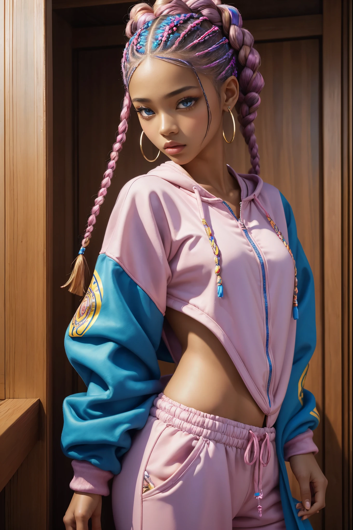 best quality, super fine, 16k, incredibly absurdres, extremely detailed, delicate, flashy and dynamic depiction, a wonderful painting reflected in your eyes, mysterious world. She's a dancer, pink and blue Kanekalon African braids her cool, slightly baggy yellow and red intricate tracksuit.