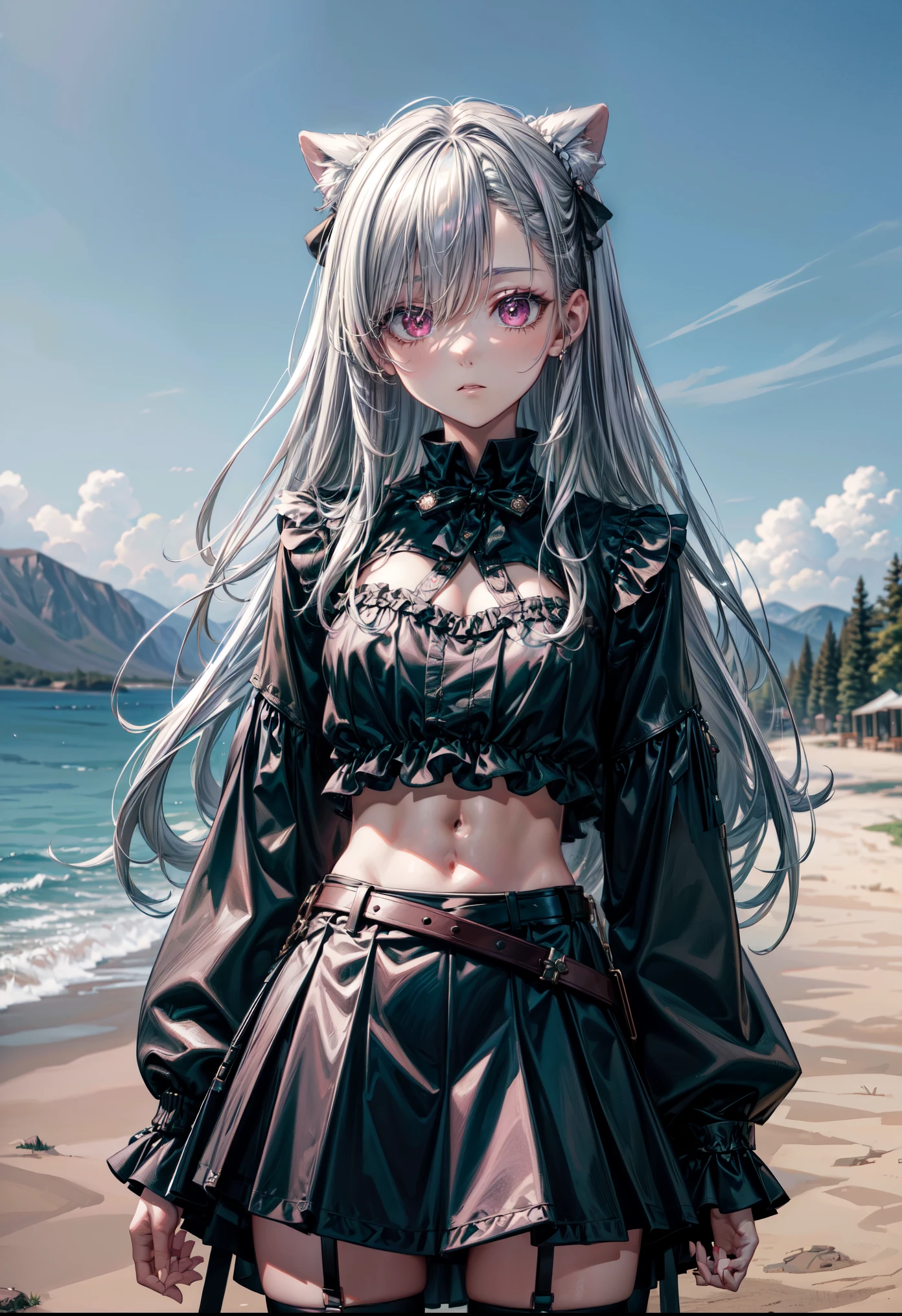 masterpiece, best quality, centered, cowboy shot, highres, Elizabeth, 1girl, jewelry, single thighhigh, (long silver hair, hair over one eye), midriff, black skirt, asymmetrical legwear, pink shirt, black thighhighs, belt, miniskirt, landscape, standing, standing, portrait, upper body
