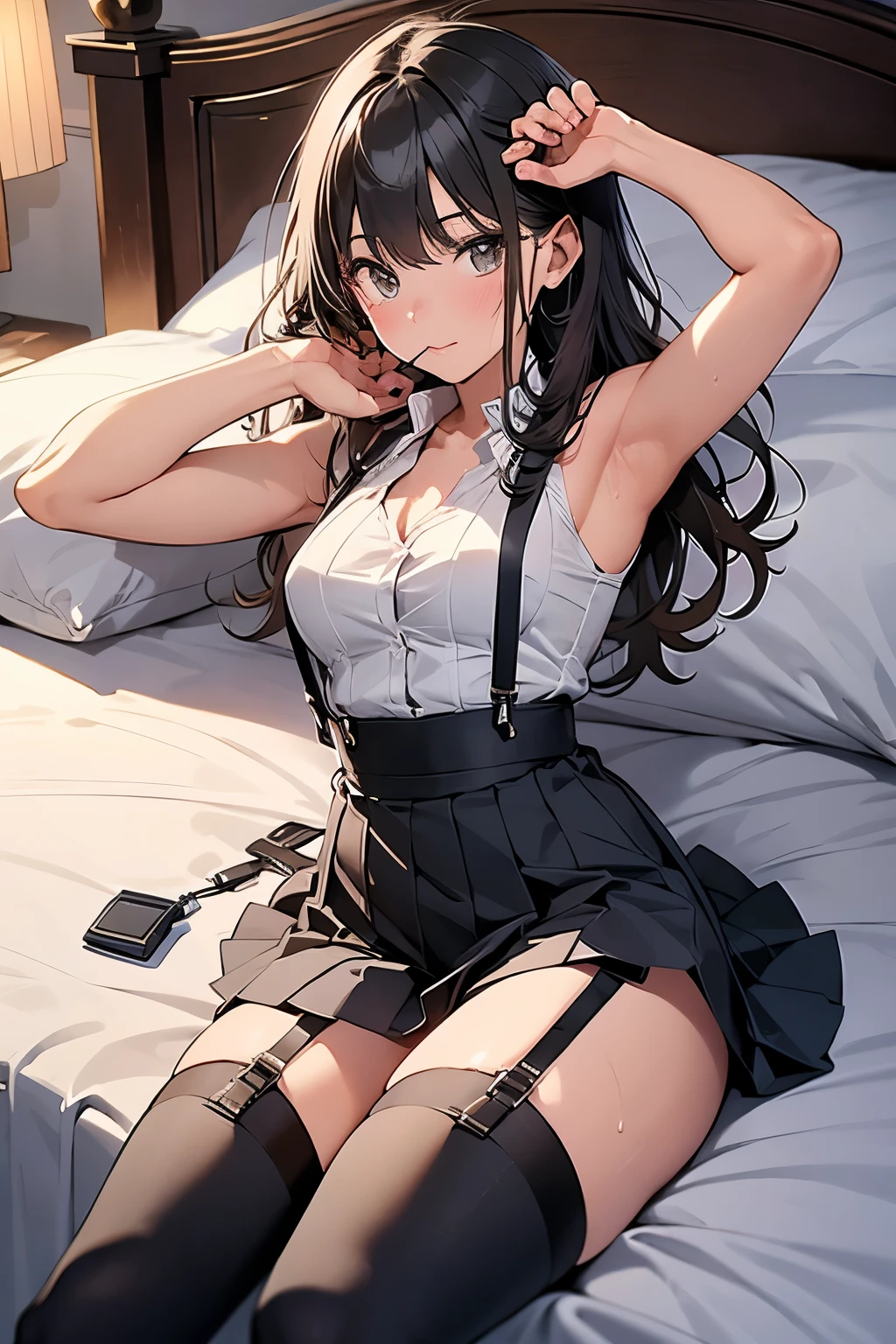 Staring at the audience Black suspenders bulging big breasts wall mini skirt garterbelt garter sight Small face holster Beautiful woman Show your hand Lying in bed sight Taunt side side汗 arm belt summer Armpit sweat