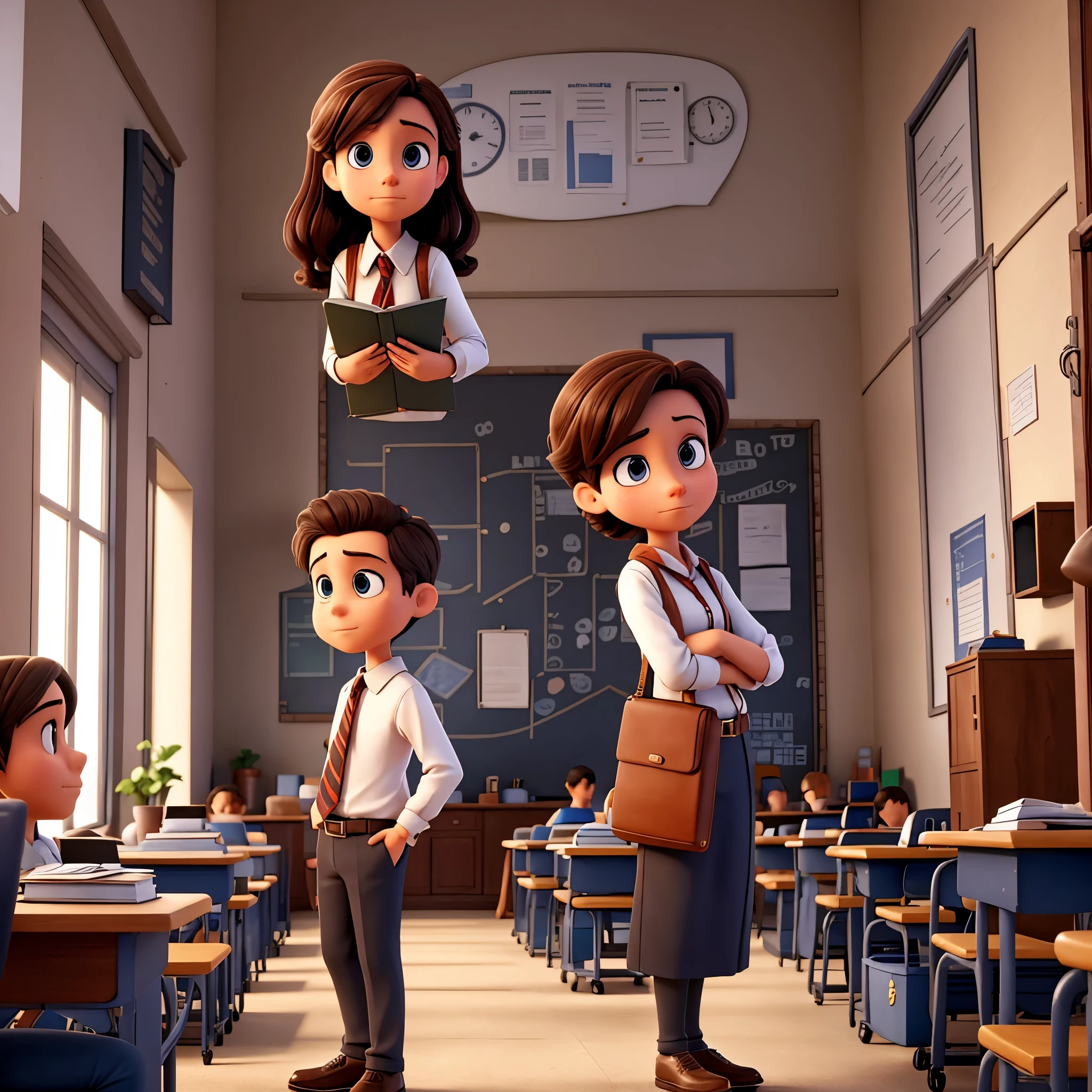 Here's a detailed description for an image prompt based on "Madam, from the boy, where are your notebook and pen?":
"A classroom setting with a slightly disheveled appearance. At the front of the class stands a concerned teacher (madam), dressed in professional attire, looking at a student with a questioning expression. The student, a young boy, appears anxious and is standing next to his desk, which is noticeably missing a notebook and pen. Other students in the background are looking on with curiosity. The atmosphere is tense yet reflective of a typical school environment where misplaced items cause a momentary disruption."
If you need further details or a different approach to the image prompt, just let me know!