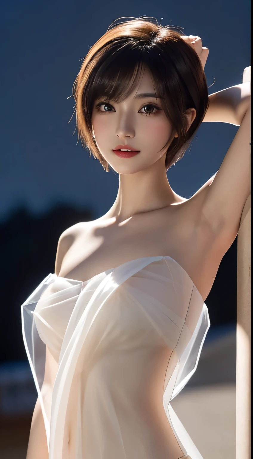 masterpiece, beautiful girl, Brown eyes、A beautiful, goddess-like smile、((Lighting the face:1.5)、((No underwear:1.9))、Exposed armpits:1.4、detailed, Beautiful Eyes, (Wear a revealing, thin, transparent, strapless camisole:1.7)、(Brown short bob cut:1.5)、highest quality, 超A high resolution, (reality: 1.4), Original photo, One Girl, Cinema Lighting, (Laughter:0.6), Japanese, Asian Beauty, Korean, Proper, Truly beautiful, A slightly younger face, Beautiful skins,Orange Hair、 slim and small breasts, Wear a strapless camisole that flatters your figure:1.6、Night view background, (超reality的な), (Raise awareness), (High resolution), (8k), (非常にdetailedな), (The best Raise awarenessns), (Beautiful and detailed eyes), (超detailedな), (wallpaper), (detailedな顔), Looking at the audience, 細かいdetailed, detailedな顔、Deep Shadow、Inconspicuous、Pure erotic face ace_v1、46 point diagonal bangs、Look straight ahead、I can see her small breasts, Flat Chest、Brown eyes、