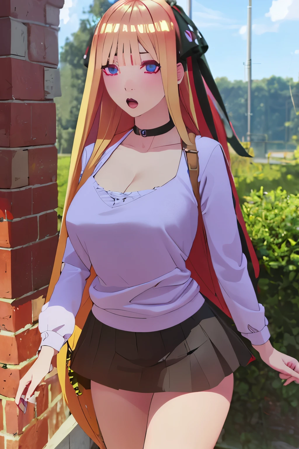 highest quality、masterpiece、Ultra-high resolution、(Photorealistic:1.4)、1 girl、blonde、Esbian all over、Big and ample breasts、Super exposed cleavage、erotic、erotic expression、choker、double eyelid、Loose perm、Medium Long Hair、、mini skirt、JK Ribbon、thin, Skinny clothes、Five perfect fingers、Perfect Legs、