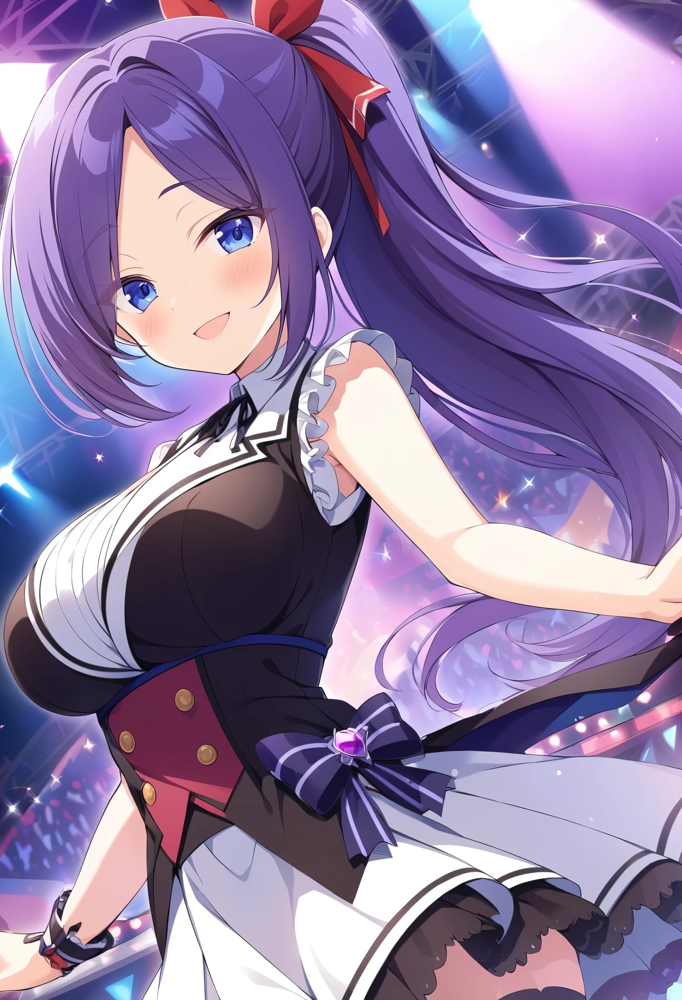 todoshizuko, purple hair, ponytail, hair ribbon, long hair, blue eyes, makeup, ,, large breasts,, Live Stage, solo